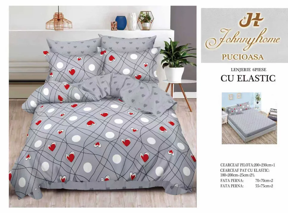Lenjerii de pat cu Elastic - Lenjerii de pat Finet 6 piese cu Elastic, gri cu inimi roșii și buline albe-T84