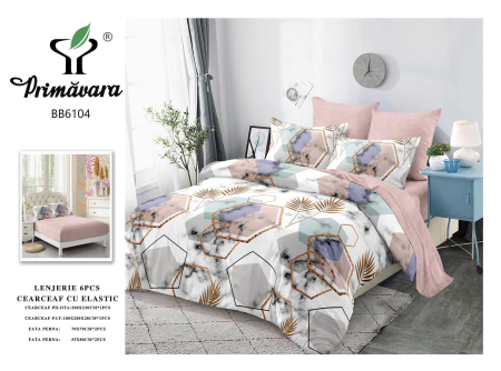 OFERTA  LENJERII CU ELASTIC - Lenjerii de pat Finet 6 piese cu Elastic,Model geometric abstract cu hexagoane