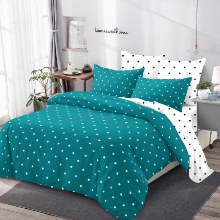 LENJERII CU ELASTIC 1+1 - Lenjerii de pat Finet 6 piese cu Elastic,imprimeu cu stele albe pe fundal turcoaz-FEL412