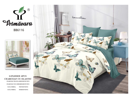 OFERTA  LENJERII CU ELASTIC - Lenjerii de pat Finet 6 piese cu Elastic,imprimeu cu fluturi-FEL413