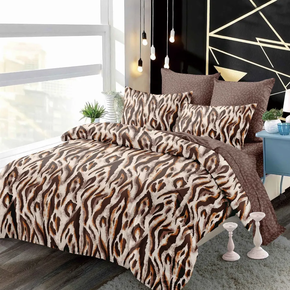 LENJERII CU ELASTIC 1+1 - Lenjerii de pat Finet 6 piese cu Elastic, imprimeu leopard maro si bej-FEL264