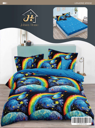 Lenjerii de pat cu Elastic - Lenjerii de pat Finet 6 piese cu Elastic,imprimeu viu colorat cu spațiu, planete, stele și un curcubeu-T325