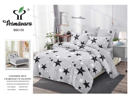 OFERTA  LENJERII CU ELASTIC - Lenjerii de pat Finet 6 piese cu Elastic,Gri cu stelute albe si negre-FEL410