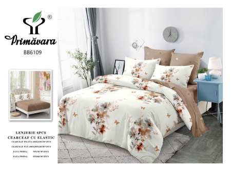 LICHIDARE STOC - Lenjerii de pat Finet 6 piese cu Elastic,Model floral elegant în nuanțe de crem și maro-FEL414