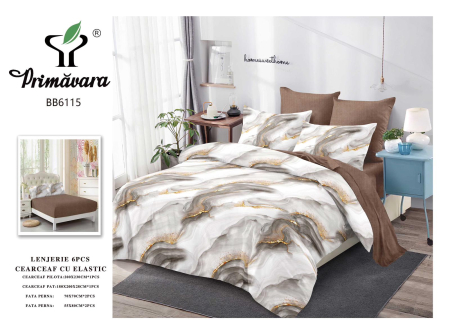 OFERTA  LENJERII CU ELASTIC - Lenjerii de pat Finet 6 piese cu Elastic, Imprimeu abstract tip marmură -FEL415