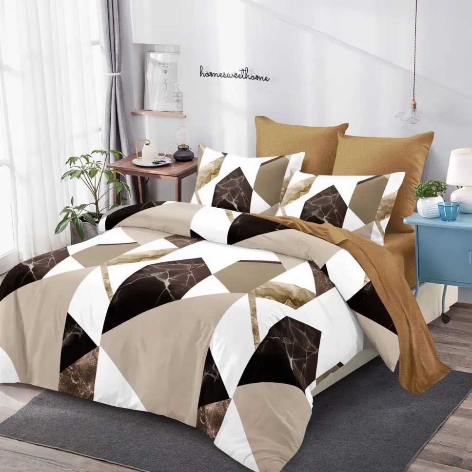 LENJERII CU ELASTIC 1+1 - Lenjerii de pat Finet 6 piese cu Elastic, model geometric maro, bej si alb-FEL272