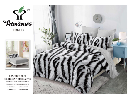 OFERTA  LENJERII CU ELASTIC - Lenjerii de pat Finet 6 piese cu Elastic, imprimeu modern tip zebra-FEL408