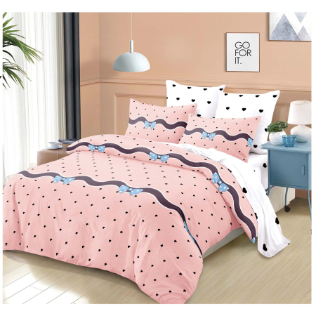 LENJERII CU ELASTIC 1+1 - Lenjerii de pat Finet 6 piese cu Elastic, Roz cu buline si fundite-FEL405