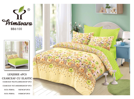 OFERTA  LENJERII CU ELASTIC - Lenjerii de pat Finet 6 piese cu Elastic,Verde cu floricele colorate-FEL406