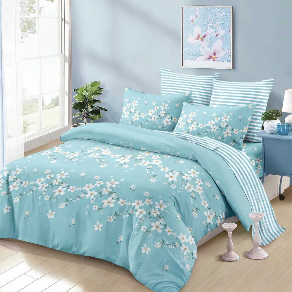 LENJERII CU ELASTIC 1+1 - Lenjerii de pat Finet 6 piese cu Elastic, turcoaz cu flori albe discrete-FEL256