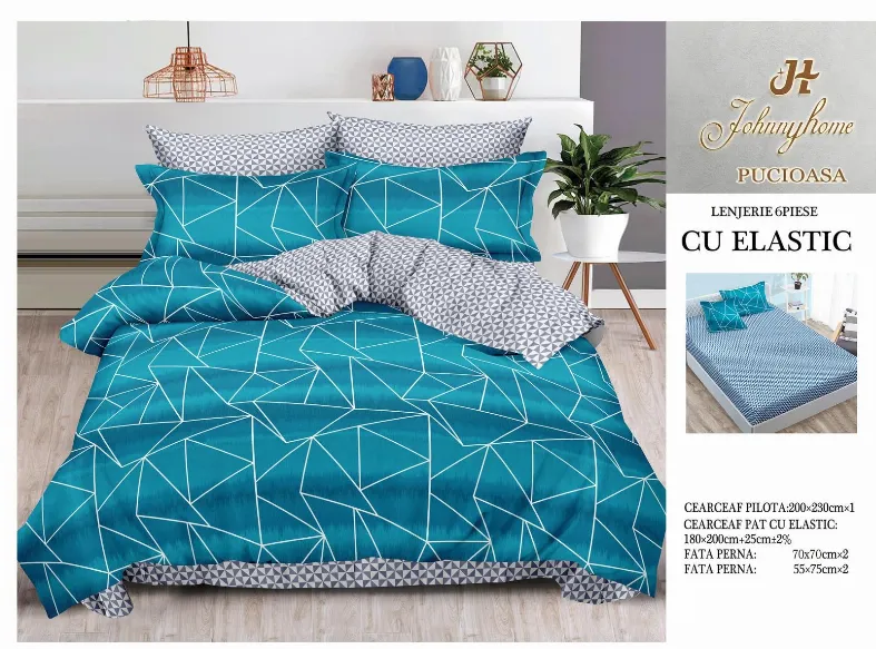 Lenjerii de pat cu Elastic - Lenjerii de pat Finet 6 piese cu Elastic, turcoaz cu forme geometrice albe-T309