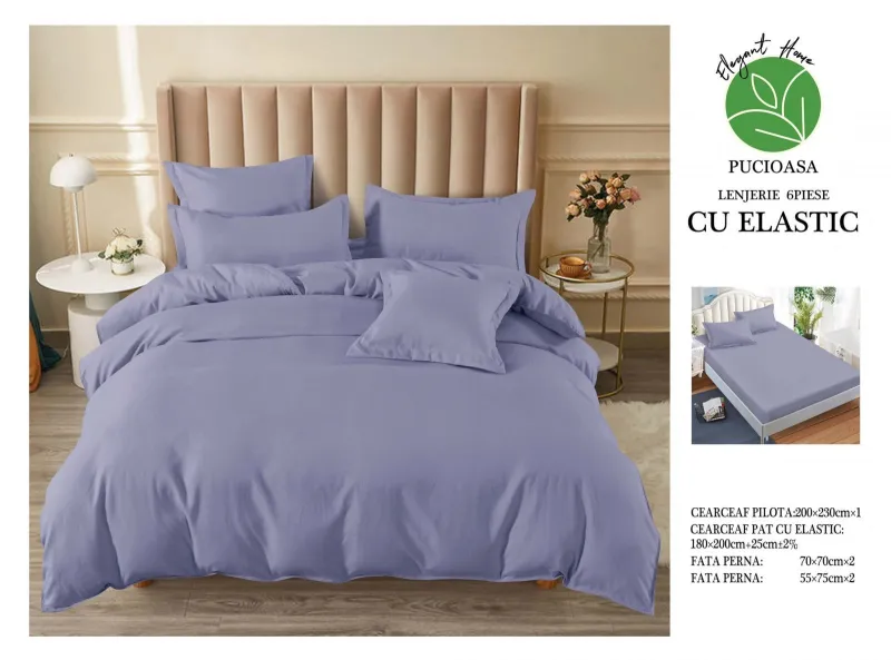 Lenjerii de pat cu Elastic - Lenjerii de pat Finet 6 piese cu Elastic,Uni,Gri -UT5