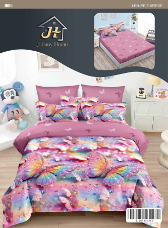Lenjerii de pat cu Elastic - Lenjerii de pat Finet 6 piese cu Elastic,fluturi curcubeu si picaturi de apa-T328