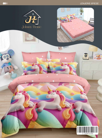 Lenjerii de pat cu Elastic - Lenjerii de pat Finet 6 piese cu Elastic, Unicorni si stelute-T332