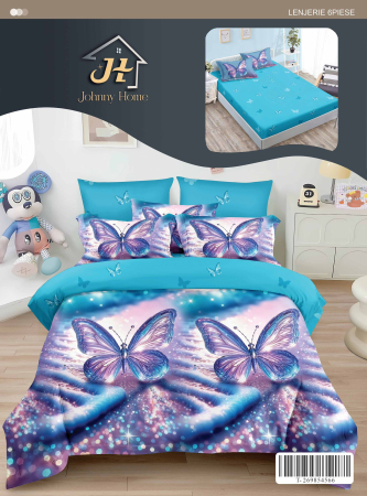 Lenjerii de pat cu Elastic - Lenjerii de pat Finet 6 piese cu Elastic,fluturi mov si albastri,fundal cu sclipici-T331