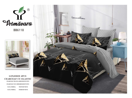 OFERTA  LENJERII CU ELASTIC - Lenjerii de pat Finet 6 piese cu Elastic,Negru cu piramide aurii-FEL407
