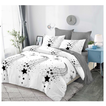 OFERTA LENJERII CU ELASTIC - Lenjerii de pat Finet 6 piese cu imprimeu stele și comete negre pe fundal alb-FEL425