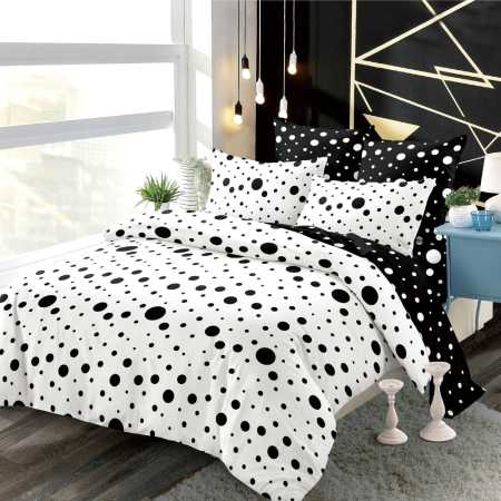 OFERTA LENJERII CU ELASTIC - Lenjerii de pat Finet 6 piese imprimeu cu Buline negre pe alb-FEL444