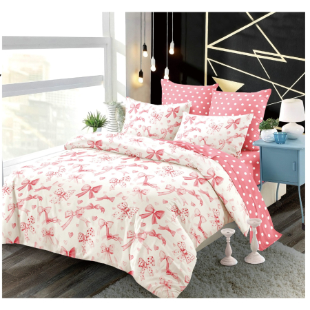 OFERTA LENJERII CU ELASTIC - Lenjerii de pat Finet 6 piese imprimeu cu fundițe delicate Roz-FEL433
