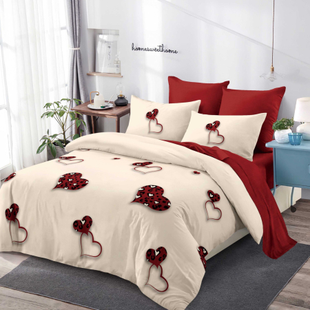 OFERTA LENJERII CU ELASTIC - Lenjerii de pat Finet 6 piese imprimeu cu inimioare rosii-FEL438