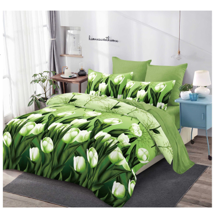 OFERTA LENJERII CU ELASTIC - Lenjerii de pat Finet 6 piese imprimeu Verde cu Lalele albe-FEL434