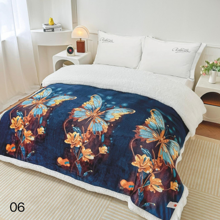 PATURI COCOLINO - Patura Cocolino cu blanita 200x230 cm bleumarin cu fluturi și flori galbene-PBE11