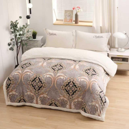 PATURI COCOLINO - Patura Cocolino cu blanita 200x230 cm gri cu ornamente baroc și blănită albă-PBE12