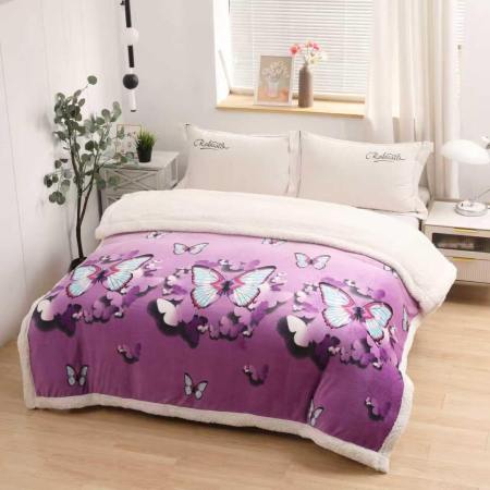 PATURI COCOLINO - Patura Cocolino cu blanita 200x230 cm mov cu fluturi și flori albe-PBE13