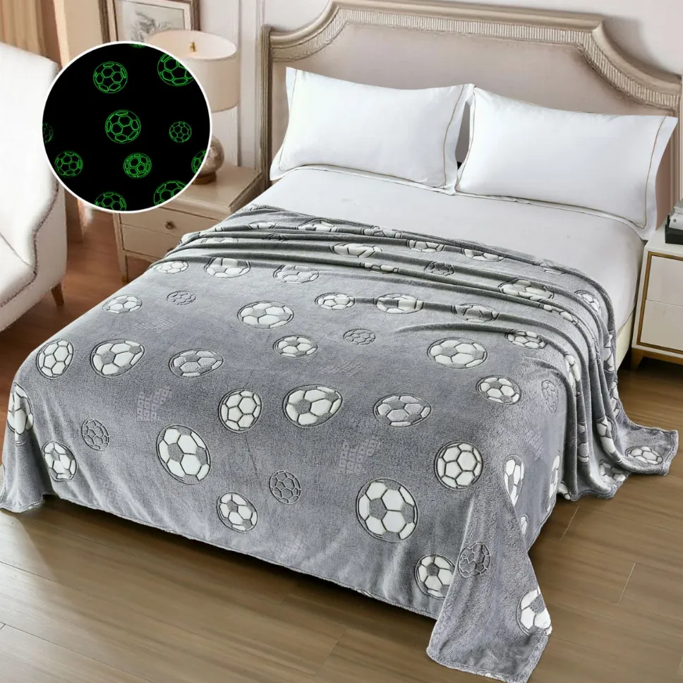 Paturi cocolino fosforescente - Patura Cocolino Fosforescenta 200x230 cm, gri cu mingi de fotbal albe-Z9