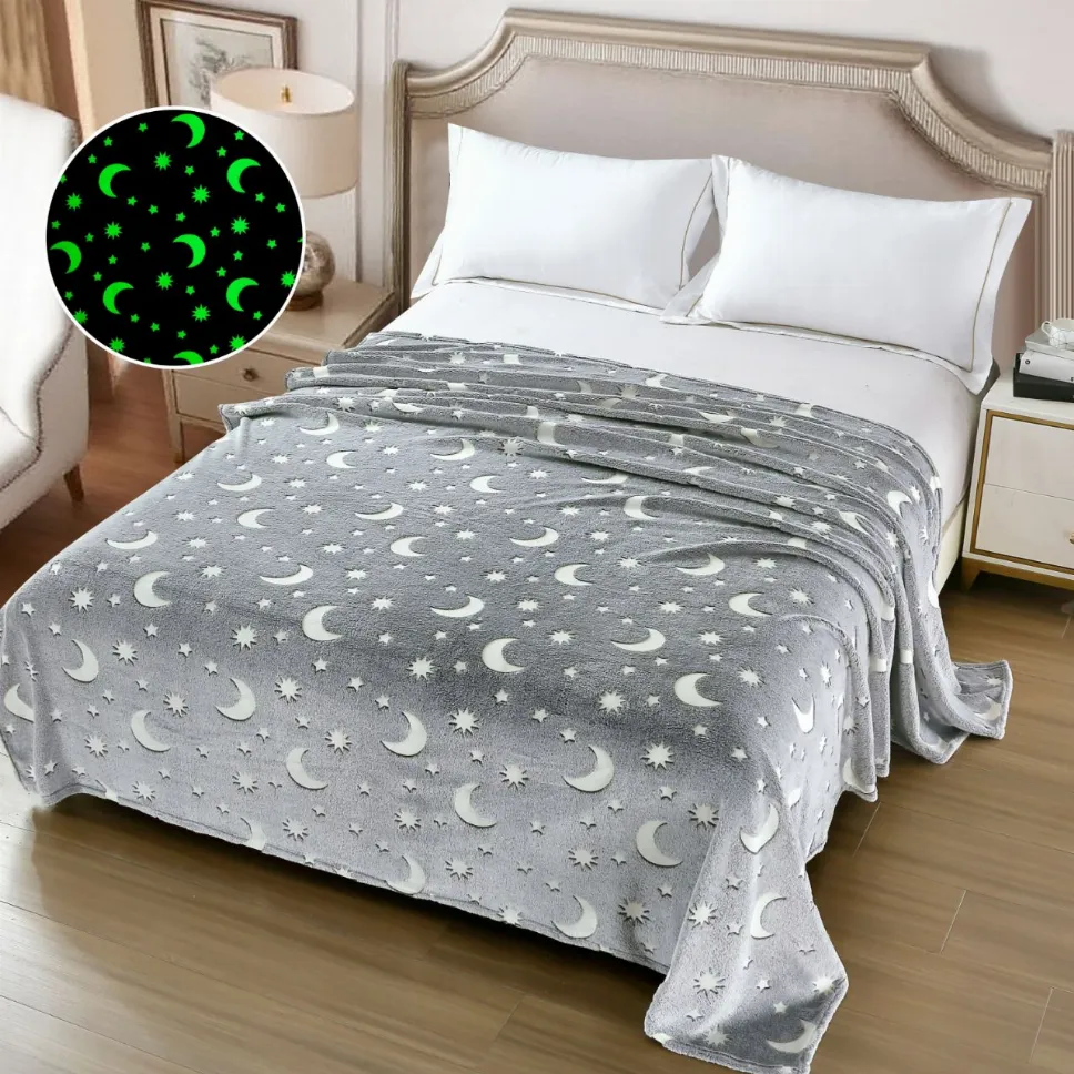Paturi cocolino fosforescente - Patura Cocolino Fosforescenta 200x230 cm, gri cu semilune și stele luminoase-Z2