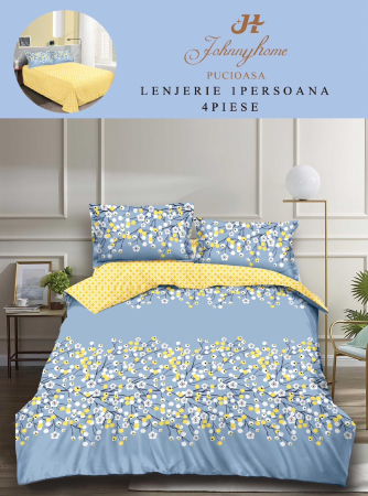 LENJERII DE PAT 1 PERSOANA & COPII - Set lenjerie de pat 4 piese, albastru cu flori galbene și albe-P114