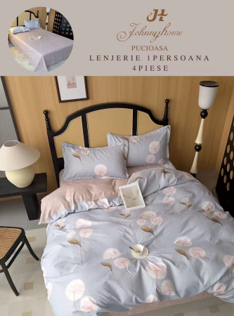 Lenjerii de pat 1 Persoana FINET - Set lenjerie de pat 4 piese cu flori, culoare gri și roz-P141