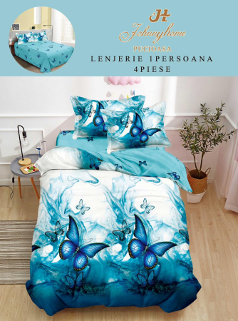 Lenjerii de pat 1 Persoana FINET - Set lenjerie de pat 4 piese cu fluturi albaștri pe fond turcoaz-P125