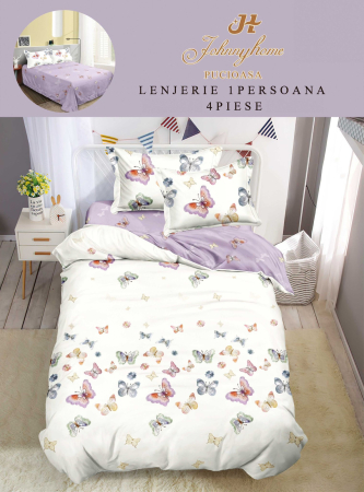LENJERII DE PAT 1 PERSOANA & COPII - Set lenjerie de pat 4 piese cu fluturi colorati pe fond crem si lila-P116