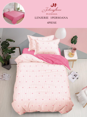 Lenjerii de pat 1 Persoana FINET - Set lenjerie de pat 4 piese cu inimioare, alb și mov-P144