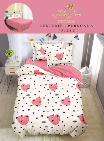 Lenjerii de pat 1 Persoana FINET - Set lenjerie de pat 4 piese cu inimioare roz si negru-P129