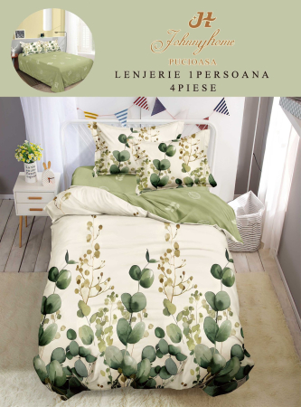 Lenjerii de pat 1 Persoana FINET - Set lenjerie de pat 4 piese cu model floral eucalipt, verde și crem-P127