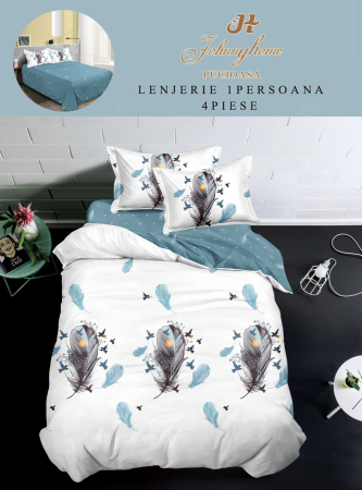 Lenjerii de pat 1 Persoana FINET - Set lenjerie de pat 4 piese cu pene și păsări, alb și albastru-P136