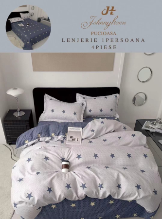 Lenjerii de pat 1 Persoana FINET - Set lenjerie de pat 4 piese cu stele, alb și albastru-P142