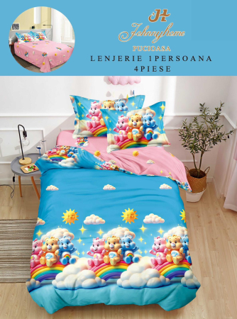LENJERII DE PAT 1 PERSOANA & COPII - Set lenjerie de pat 4 piese cu ursuleti colorati si curcubeu-P123