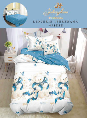 LENJERII DE PAT 1 PERSOANA & COPII - Set lenjerie de pat 4 piese cu ursuleți și fluturi albaștri-P119