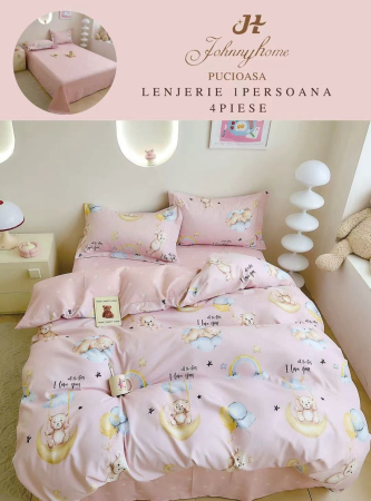 Lenjerii de pat 1 Persoana FINET - Set lenjerie de pat 4 piese din finet, model ursuleti si nori pe roz-P140