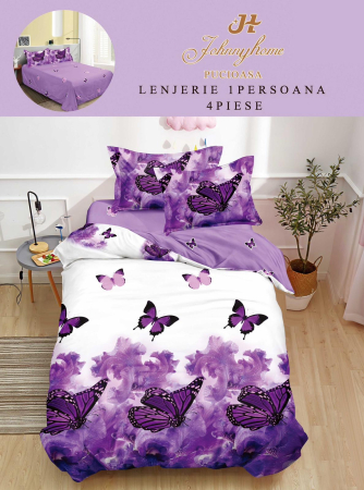 LENJERII DE PAT 1 PERSOANA & COPII - Set lenjerie de pat 4 piese finet fluturi mov-P130