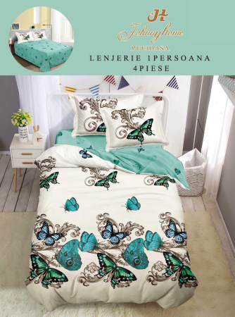 LENJERII DE PAT 1 PERSOANA & COPII - Set lenjerie de pat 4 piese, finet, fluturi turcoaz și alb-P118