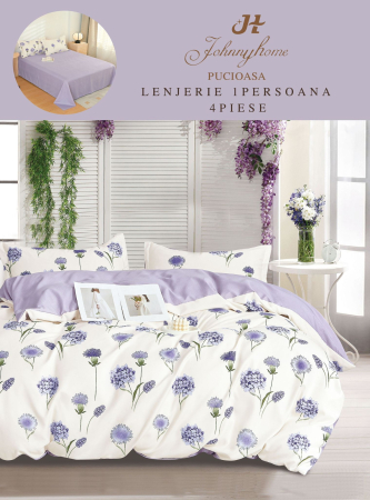 LENJERII DE PAT 1 PERSOANA & COPII - Set lenjerie de pat 4 piese finet, model floral mov pe alb-P89