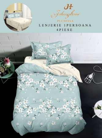 LENJERII DE PAT 1 PERSOANA & COPII - Set lenjerie de pat 4 piese, finet, model floral turcoaz și alb-P134