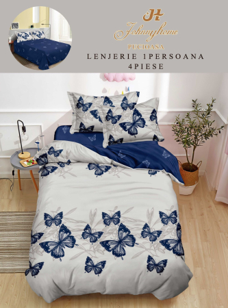 Lenjerii de pat 1 Persoana FINET - Set lenjerie de pat 4 piese, fluturi albastri pe alb-P124