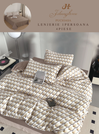 LENJERII DE PAT 1 PERSOANA & COPII - Set lenjerie de pat 4 piese, model geometric bej și alb-P82
