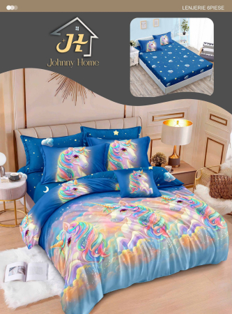 Lenjerii de pat cu Elastic - Set lenjerie de pat 6 piese cu unicorni colorati pe fond albastru-T355