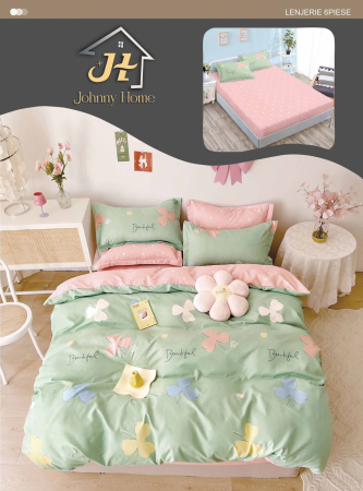 Lenjerii de pat cu Elastic - Set lenjerie de pat cu flori colorate, cearceaf și huse de pernă verde și roz-T244